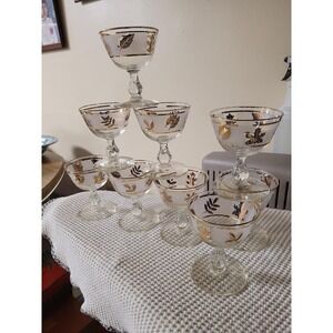 Vintage Mid-Century Frosted Gold Leaf Champagne Coupe Sherbet Glasses Set of 14